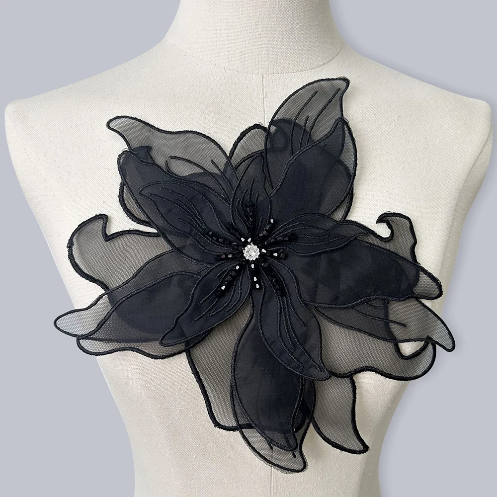 1Piece White Black Lace Beads Layer Flower With Crystal Sew On Patch Repair 24CM Wide