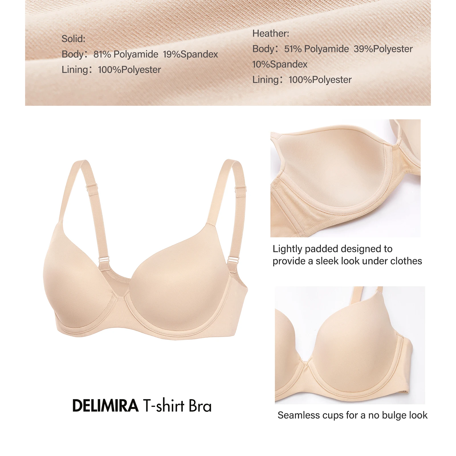 DELIMIRA Women\'s Seamless Bra Plus Size Full Coverage Tshirt Supportive Lightly Padded Underwire Bras