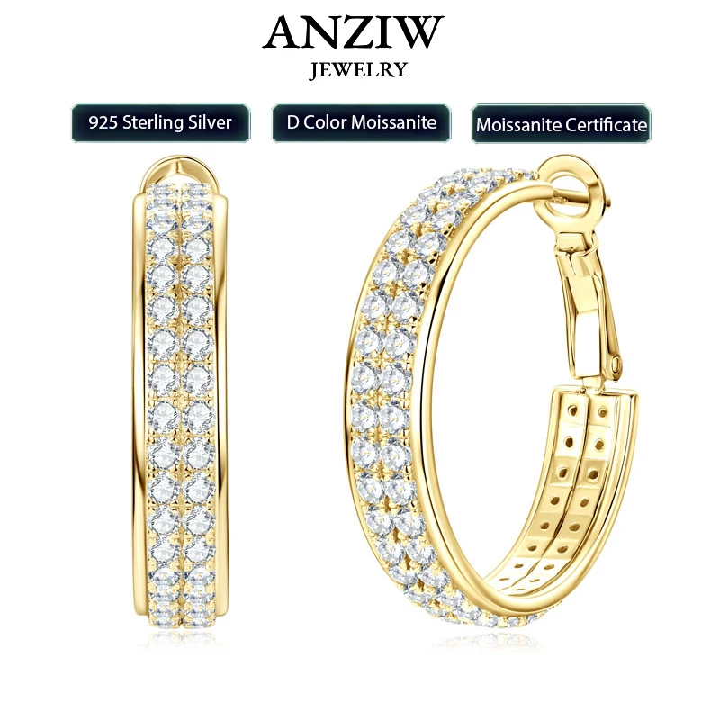 

Anziw 2025 Trendy Pave Full Moissanite Hoop Earrings Real 925 Silver Earrings for Women Wedding Party Birthday Valentine Gift
