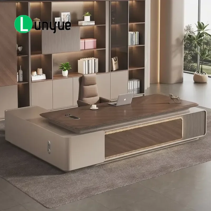 Modern Luxury L Shaped Executive Desk with Side Cabinet LED Bookcase Vacuum Formed Sheet Home Office Furniture Storage
