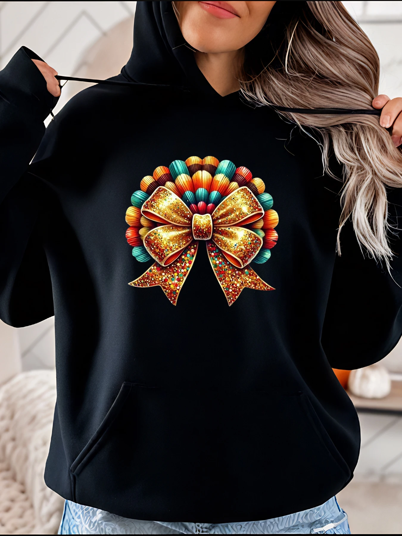 

Красочная толстовка с бантом и принтом, повседневная модная женская повседневная одежда с блестящим дизайном