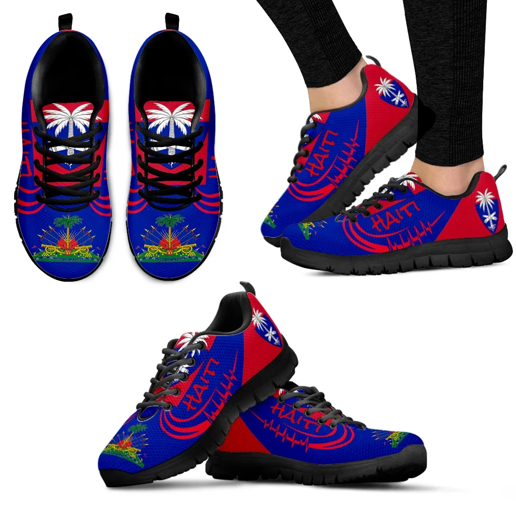 Woman White Bottom Lace Up Sneakers Haiti Flag Design Comfortable Brand Running Shoes Casual Walking Shoes Soft Non-slip Flats