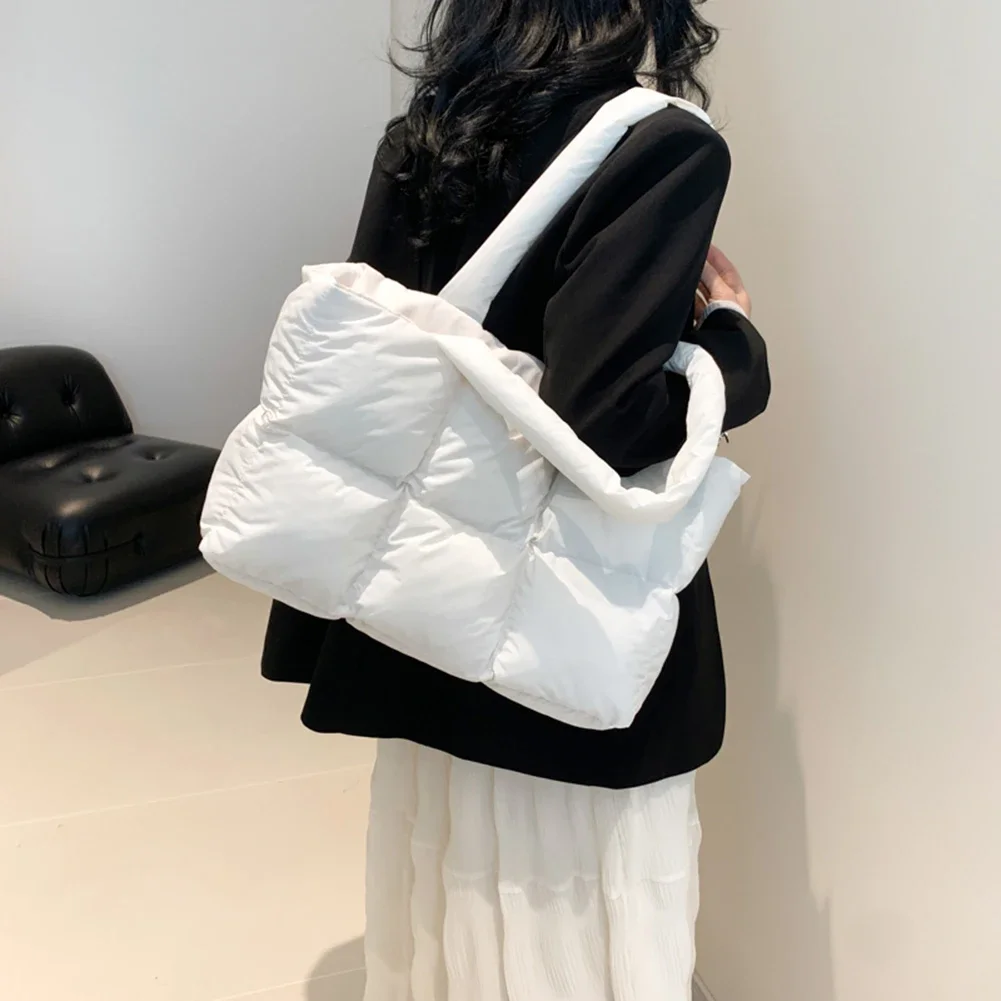 Feather Padded Women Shoulder Bag Quilted Cotton Fashion Underarm Bag Large Capacity Ladies Handbag High Quality Solid Tote Bags