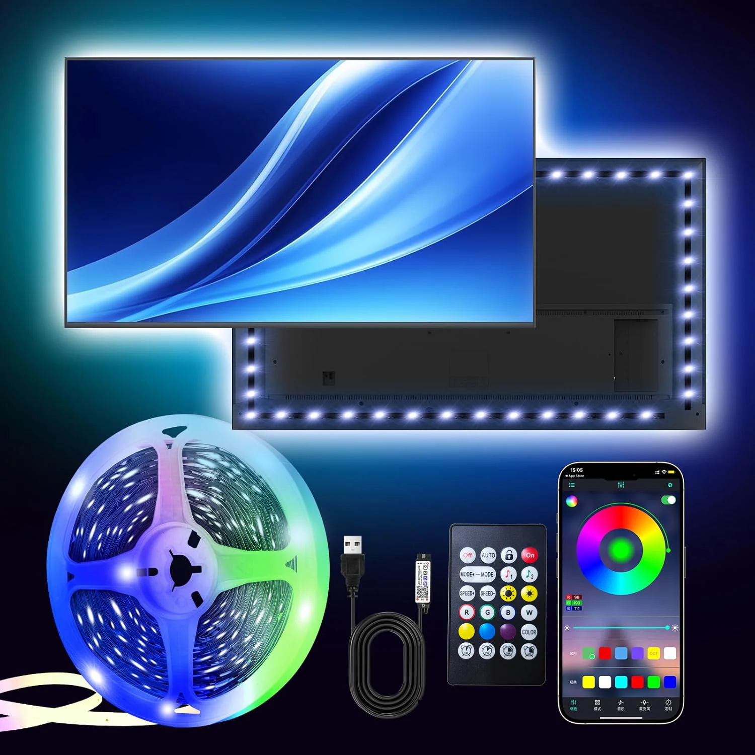 

Светодиодные ленты для подсветки телевизора, RGB-подсветки для телевизора, меняющие цвет, приложение Bluetooth и пульт дистанционного управления, питание от USB для телевизоров 32-65 дюймов