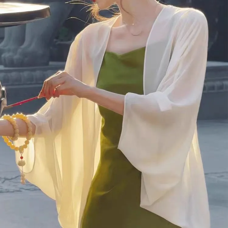 New cloak paired with cheongsam skirt shawl outer layer  chiffon cardigan sun protection clothes for women Poncho