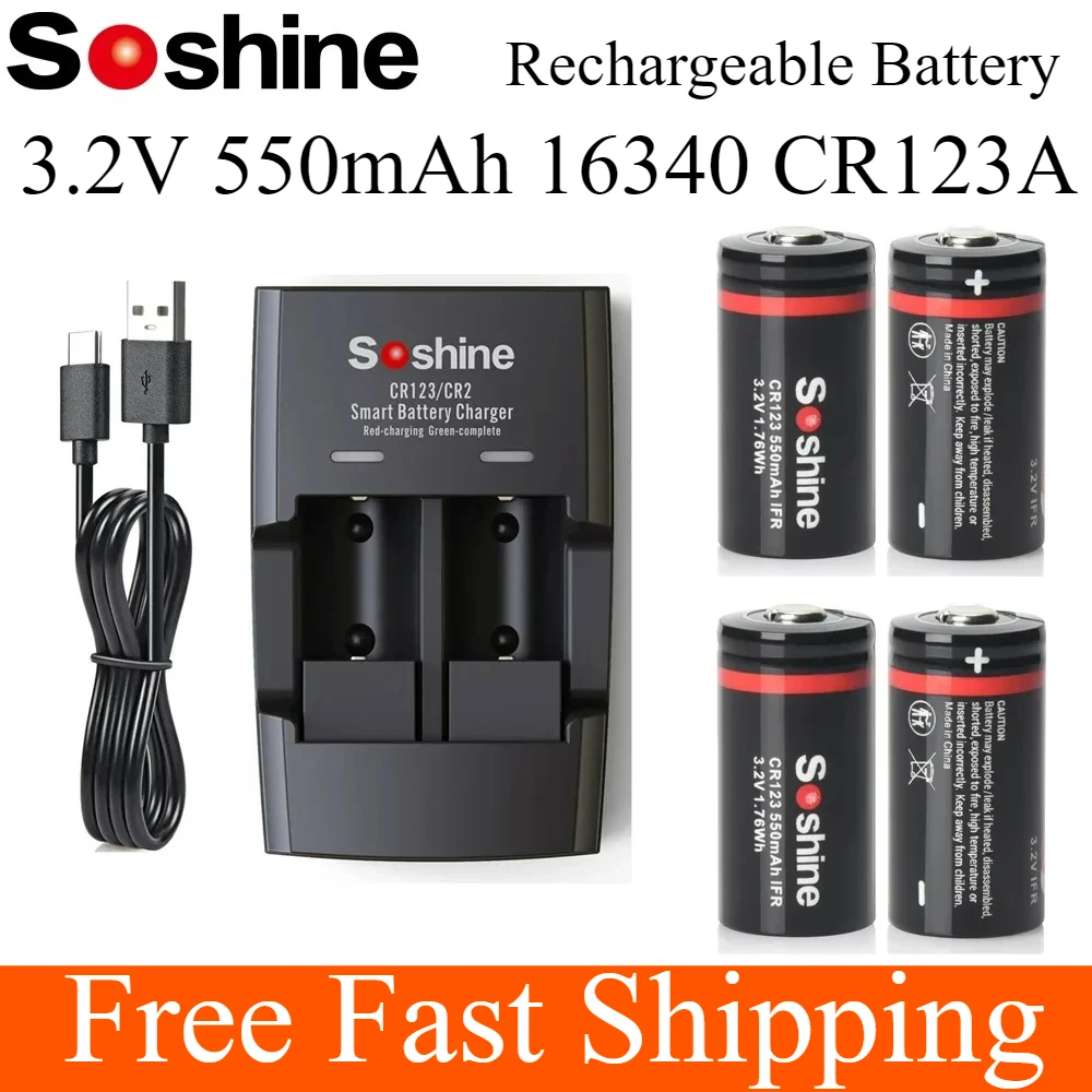 

Soshine LiFePO4 RCR123 Аккумулятор 550 мАч и интеллектуальное зарядное устройство LiFePO4 3,2 В 550 мАч 16340 Аккумуляторная батарея 2000 Цикл разряда
