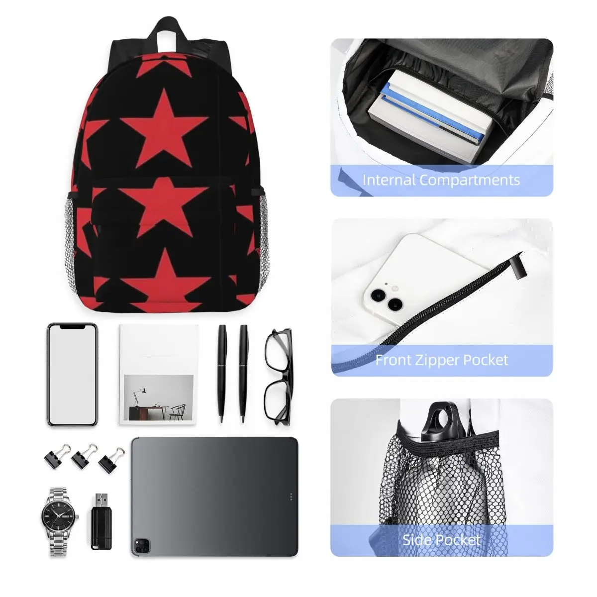 Mochila GRANDE de estrellas rojas y negras para adolescentes, bolso escolar para estudiantes, mochila de viaje, bolso de hombro