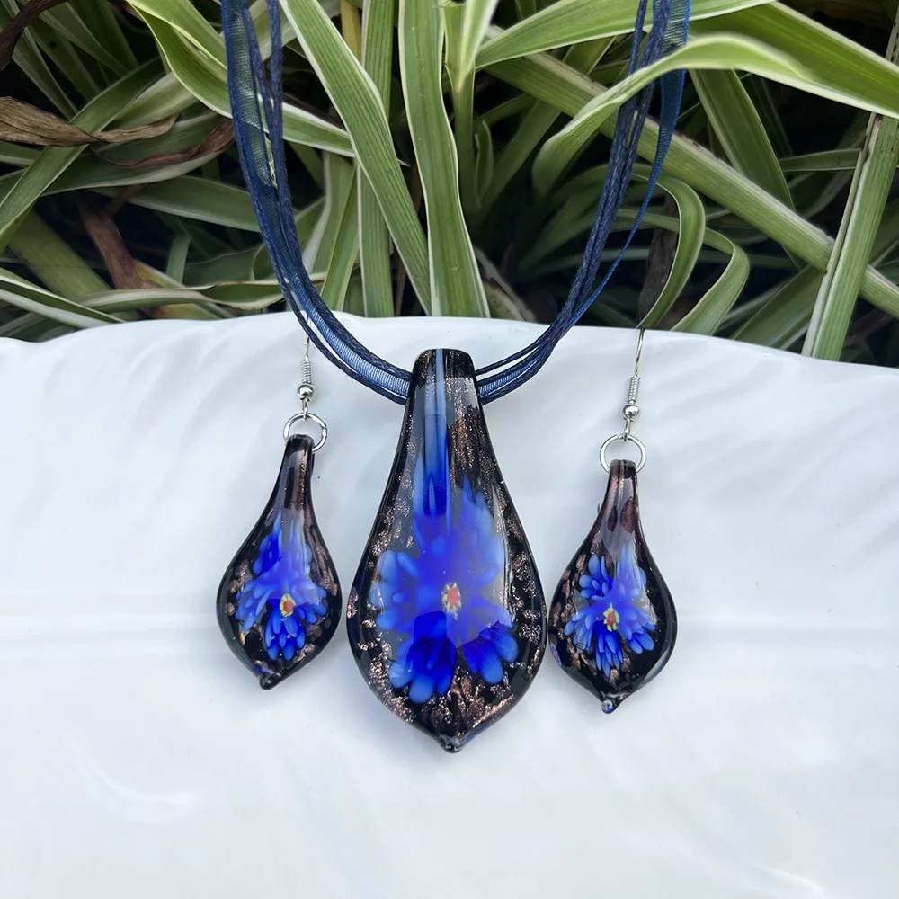 1Set Handmade Murano Lampwork Glass Quartz Crystal Flower Leaf Pendant Necklace Women Gauze Belt Glaze Charm Jewelry Gift Beach