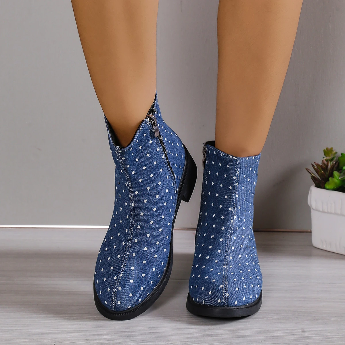 Women's boots Fashion spot pattern cloth ankle boots square with large size women's shoes denim blue black optional