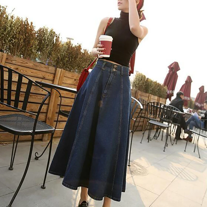 

Vintage Midi Demin Skirts with Pockets Women's High Waist Blue Casual Loose Jean Mid-calf A line Skirts New Fashion