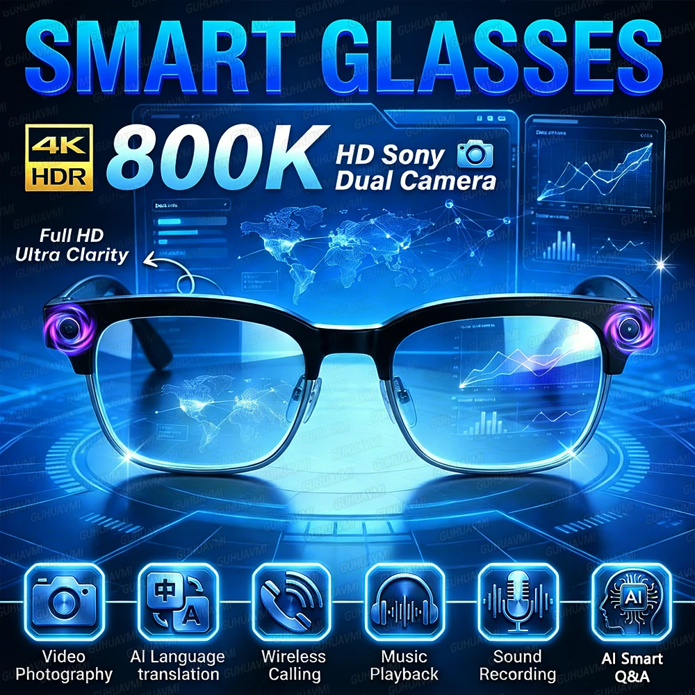 

Новые умные очки 4K Ultra HD с двойной камерой 800K, памятью 32 ГБ, AI-переводом, Wi-Fi, быстрой передачей данных, записью фото и видео
