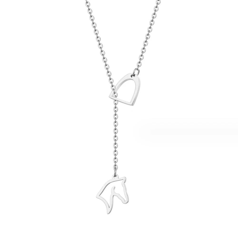 Stainless Steel Horseshoe and Horse Y Shaped Pendant Necklace Long Chain Women Fashion Delicate Jewelry Gift