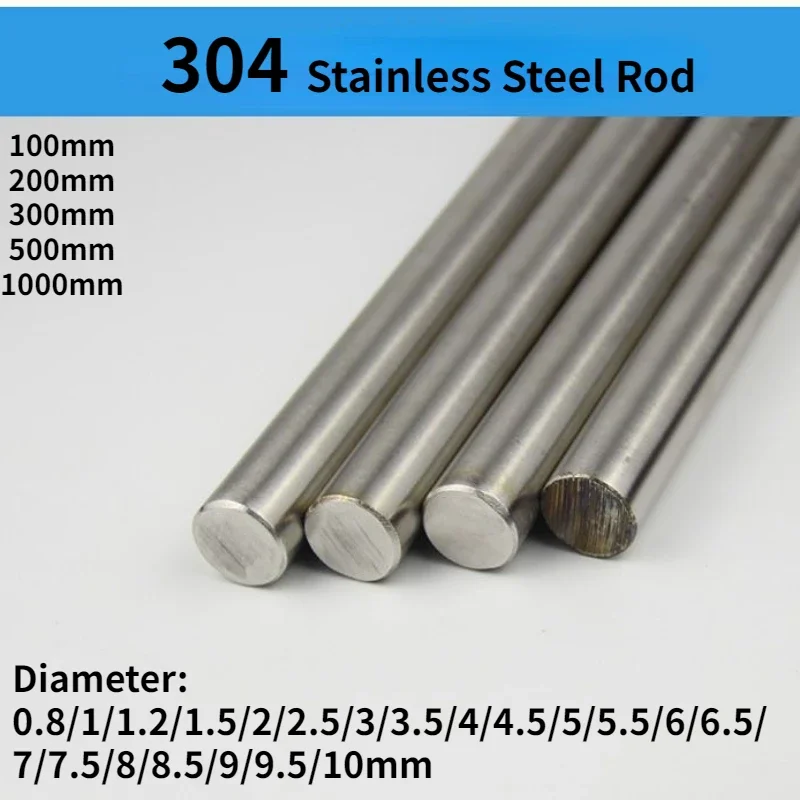 304 Stainless Steel Rod Dia 0.8/1/1.2/1.5/2/2.5/3/3.5/4/4.5/5/5.5/6/6.5/7/7.5/8/8.5/9/9.5/10mm Round Shaft 100/200/300/500mm