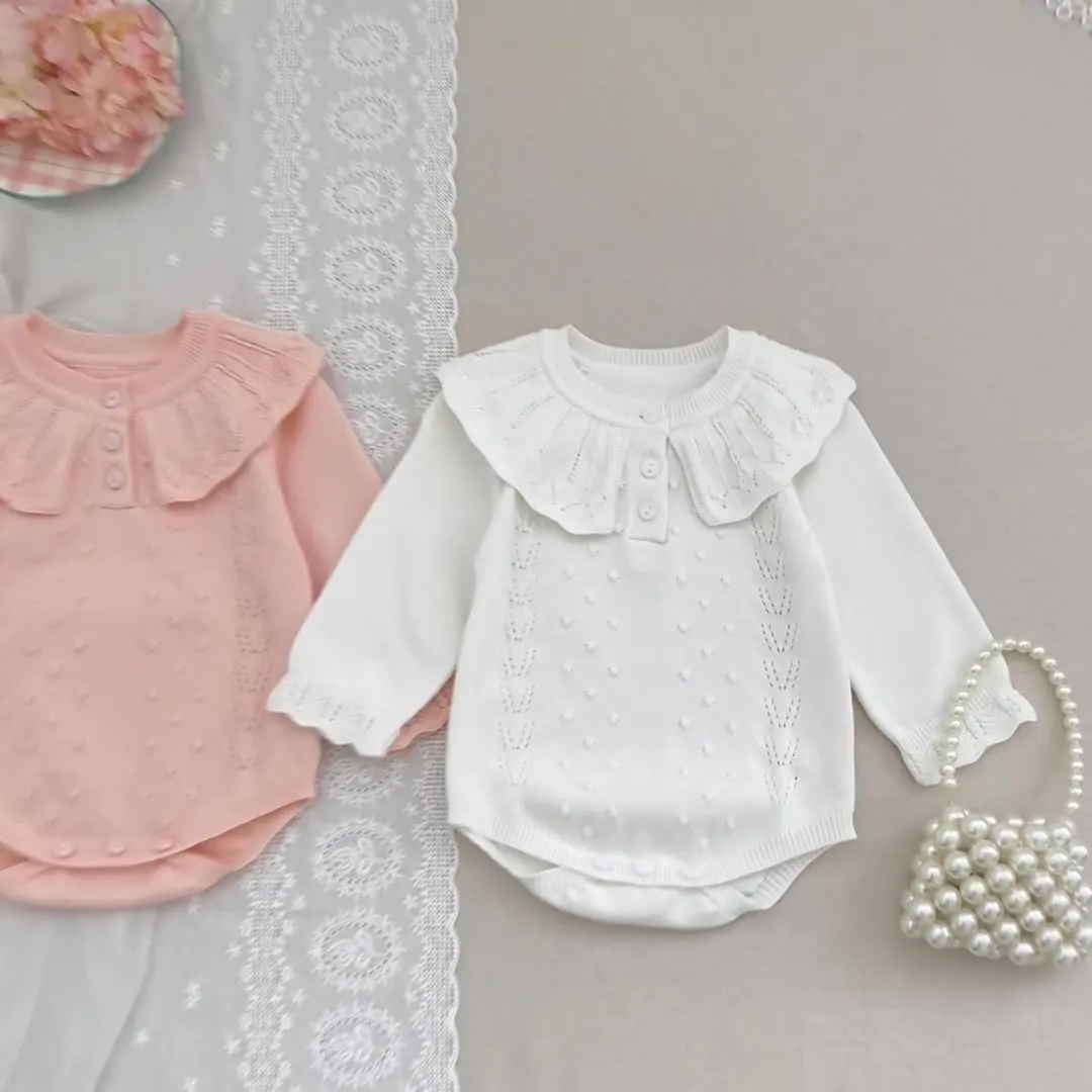 Baju Bayi 0-2 Tahun Bodysuit Anak Perempuan Kerah Ruffle Rajutan Pakaian Rajut Bayi Lengan Panjang Satu Potong