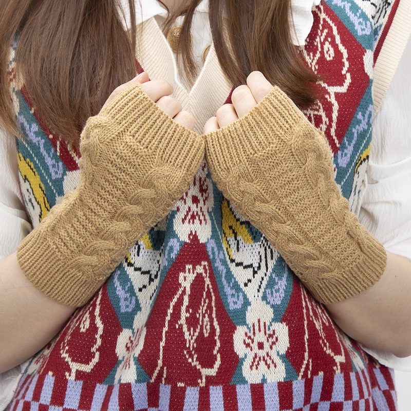 Women Knitted Fingerless Gloves Hand Warmer Winter Gloves Short Arm Sleeve Solid Color Work Mittens Casual Soft Female Gloves