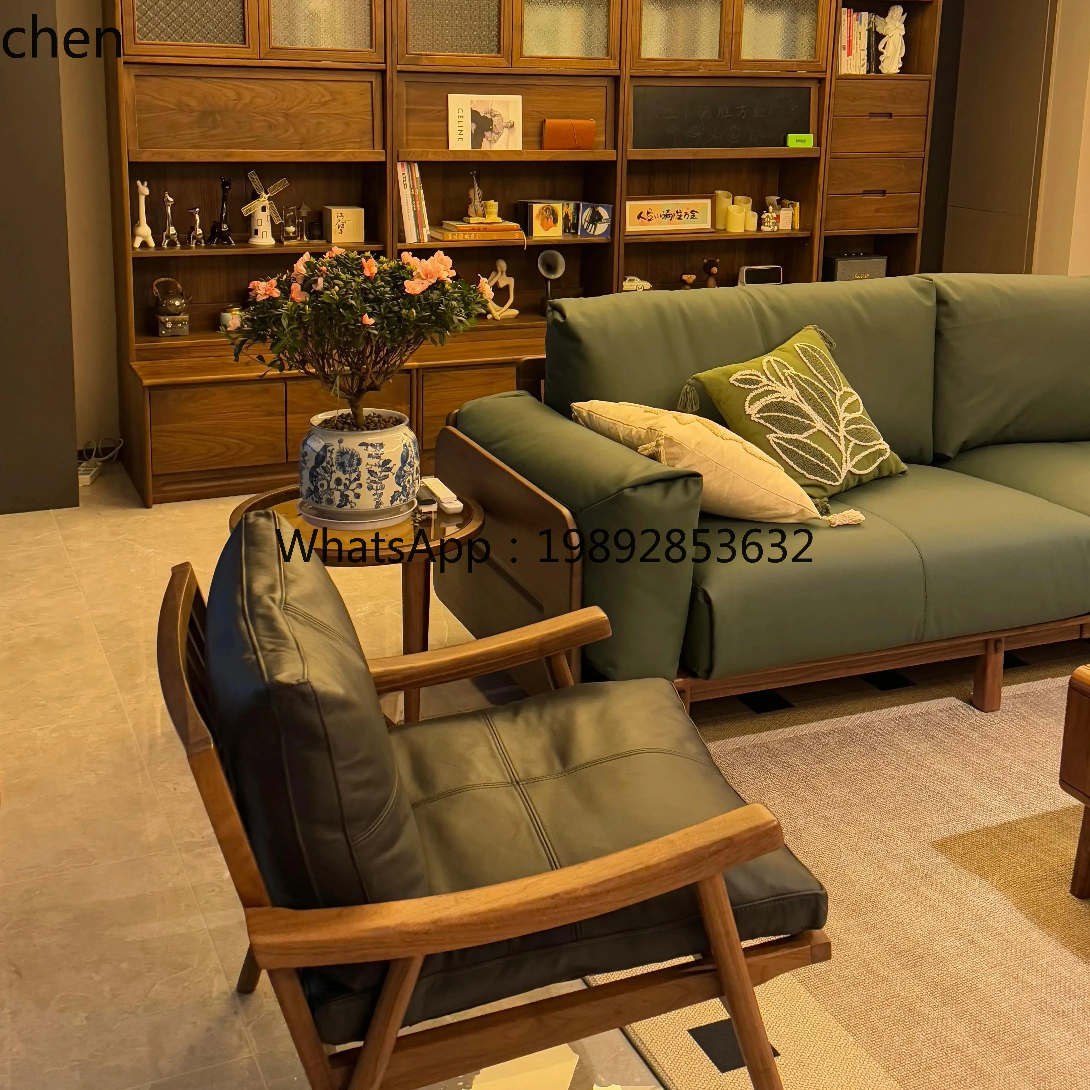 

Straight Row Living Room Black Walnut Sofa Solid Wood Coffee Table Lazy Sofa Chair
