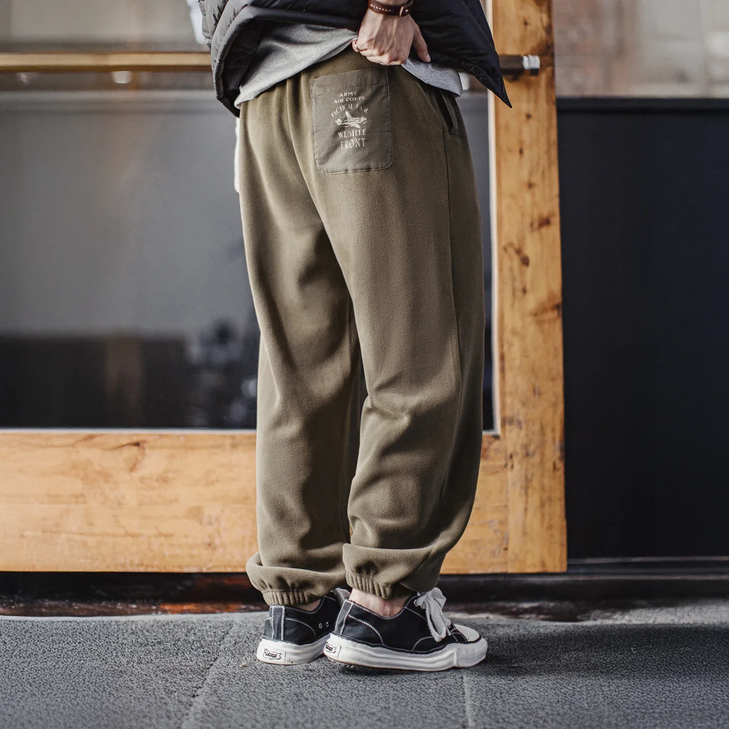 Maden الرجال نحى الصوف Sweatpants خمر الزيتون الأخضر الحراري السراويل مرونة الخصر مكبل سراويل تقليدية لخريف شتاء