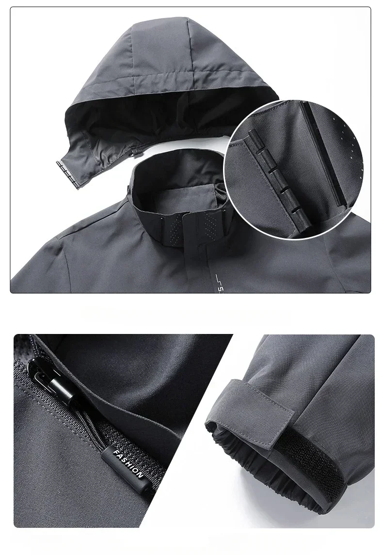 Herbst Neue Herren Outdoor-Jacke mit Kapuze Reißverschluss Modische Slim-Fit Winddichte Jacke Camping Wandern Wasserdichte Freizeit-Oberbekleidung – Detail 2