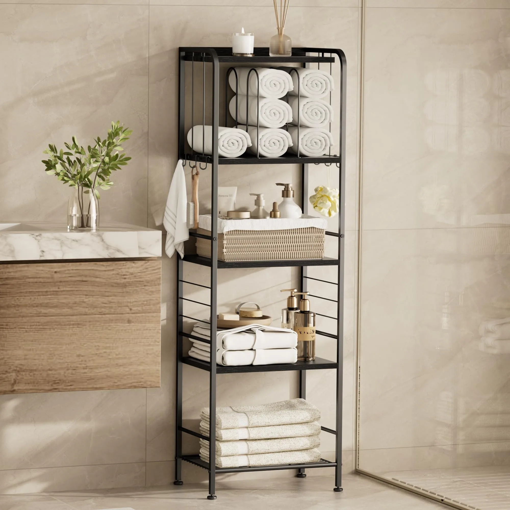 5‑Tier Freestanding Metal Bathroom Towel Rack, Towel Organizer with M‑Shaped Detachable Dividers