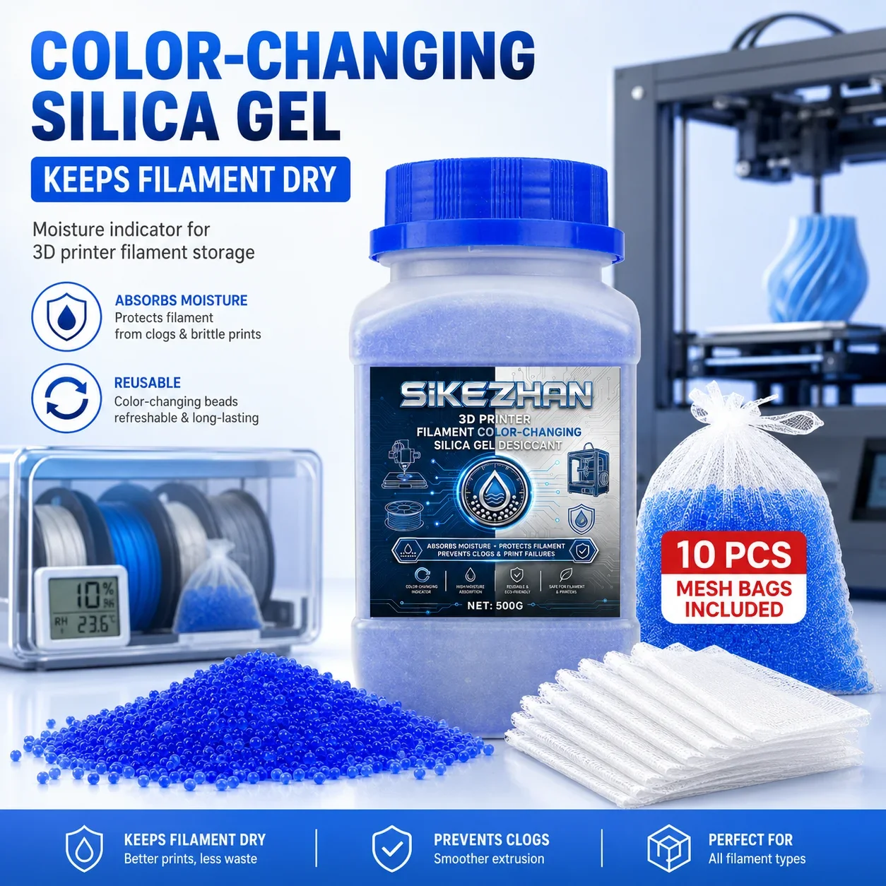 3D-Drucker Filament Silikagel-Trockenmittel 1000g, Farbwechselnder Feuchtigkeitsabsorber mit 20 Netzbeuteln für PLA PETG ABS TPU – Detail 1