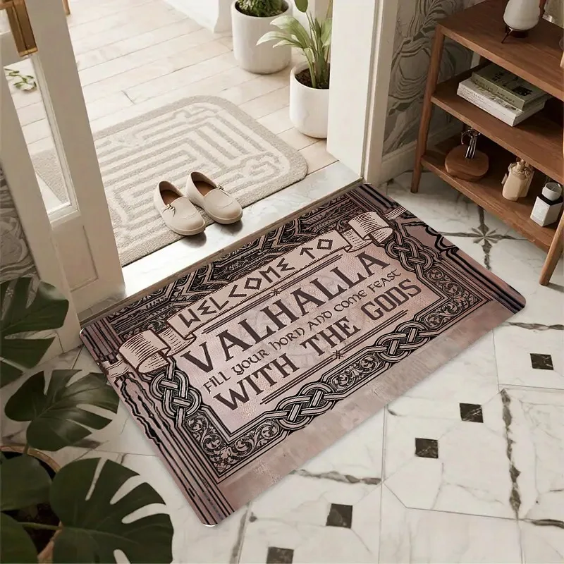 Coir Doormat Welcome To Valhalla Viking Celtic Print Retro Style Floor Mat for Front Porch Entryway Home Outdoor Decor