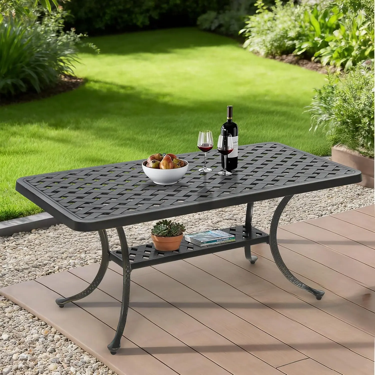 Cast Aluminum 42 Inch Rectangle Coffee Table 2 Tier Storage All Weather Heavy Duty Indoor Outdoor Patio Poolside Deck Garden Dar