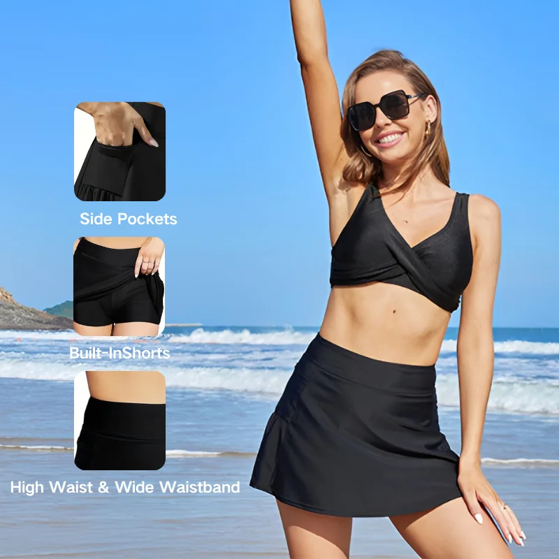 Anfilia Women Swimming Skirts High Waist Wide Waistband Built-In Borad Shorts with Pockets Quick Dry