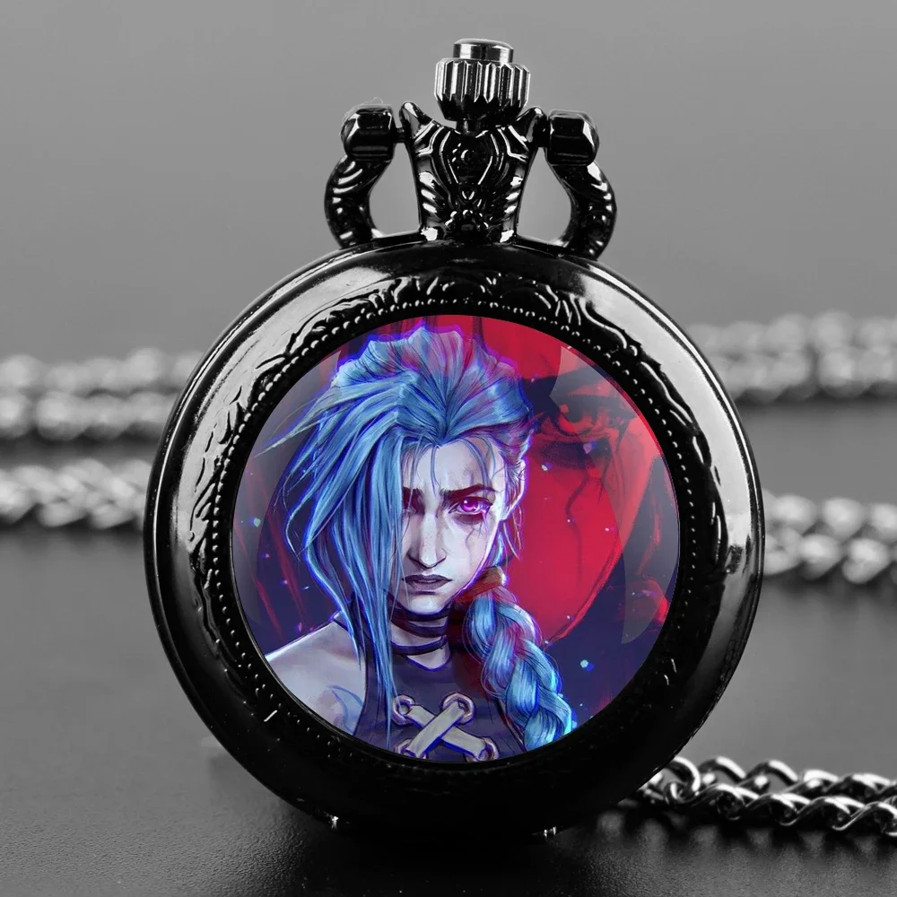 Cool Cartoon Anime Arcane Game Glass Dome Pocket Watch with Chain Necklace Vintage Quartz Pendant Watches Mens Women Gifts