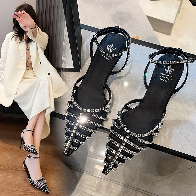 

Black Sexy Rhinestone High-heeled Shoes Stiletto Elegant Goddess Light Luxury Hollow-out Baotou Sandals Women's Summer All-match