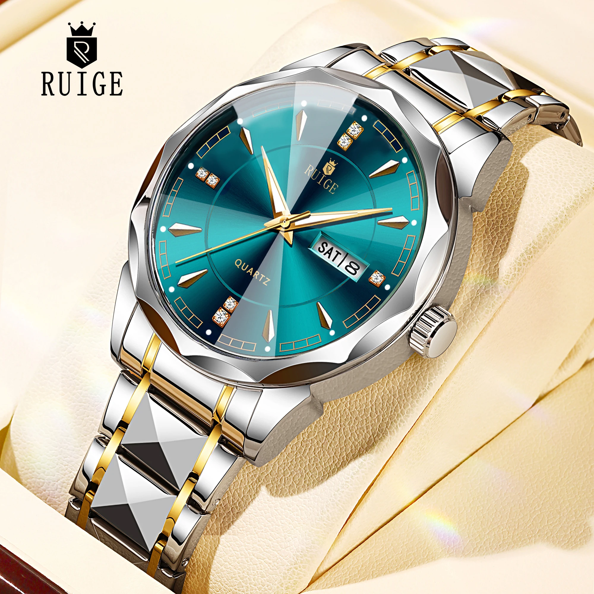 RUIGE Men's Quartz Watch Night Glow Trend Men's Famous Watch Original Stainless Steel Strap Night Glow Waterproof Watch