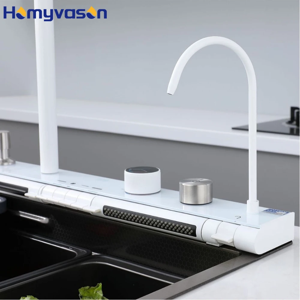 68/75/80cm White Smart Waterfall Piano Key Led Digital Display Waterfall Anti-scratch Kitchen Sink with Cup Washer