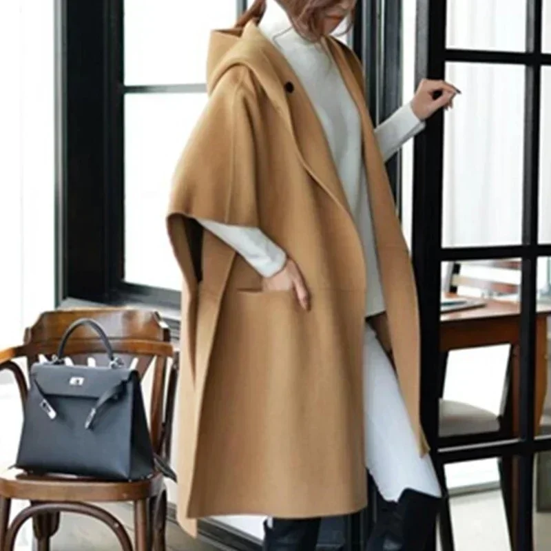 

Women 2023 Spring Cape Loose Cardigan Poncho Outwear Cloak Coats Solid Color Hooded Woolen Jacket Casual Outerwear Female Korean