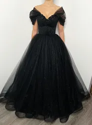 Beaded Sparkly Evening Dresses Goethe Black Off Shoulder Tulle V Neck Long Floor Length Formal Party Prom Gowns Custom made