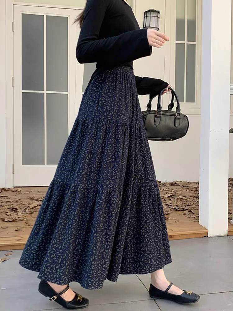 

2025 New Women's Floral Print Midi Skirt, High Waist A-Line Flared Long Skirt Elegant Fall Winter Skirt with Vintage Vibes