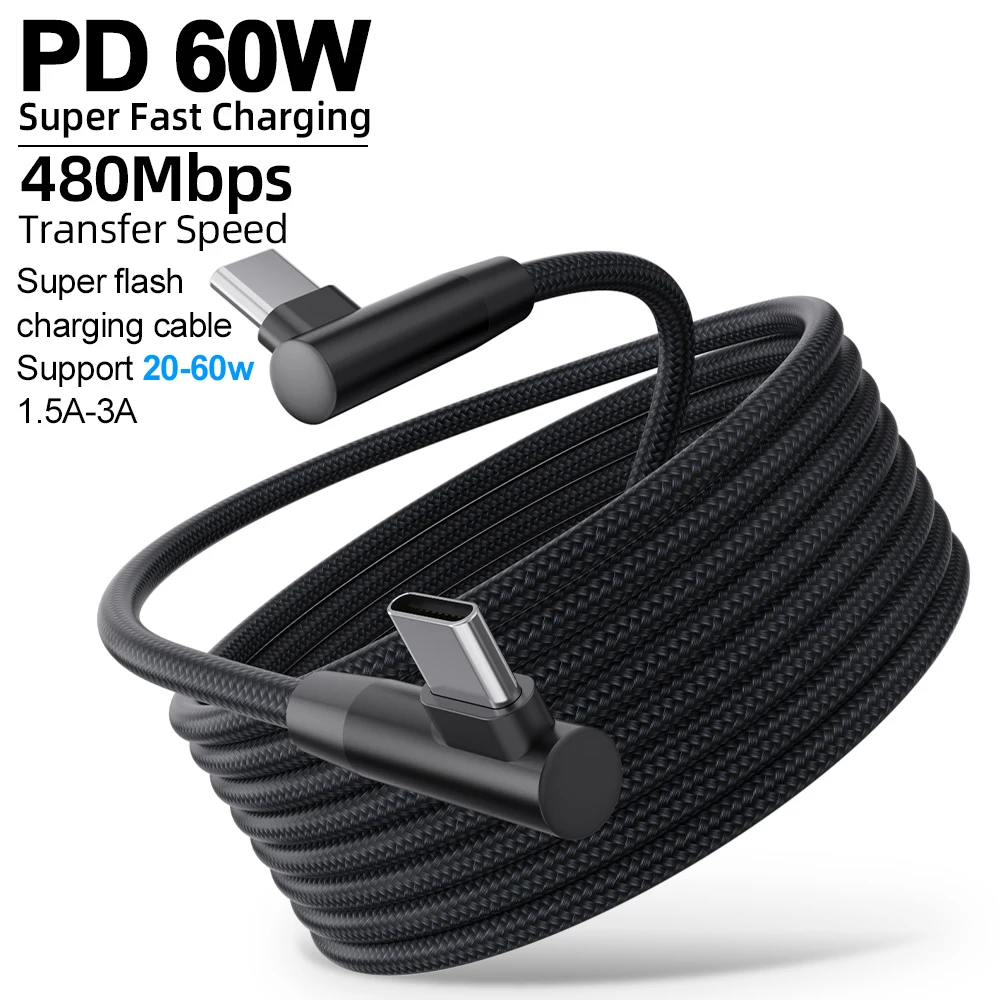 90 Degree USB C to USB C Cable Right Angle Fast Charging Nylon Braided PD 60W Type C Data Cable for iPhone Samsung Galaxy