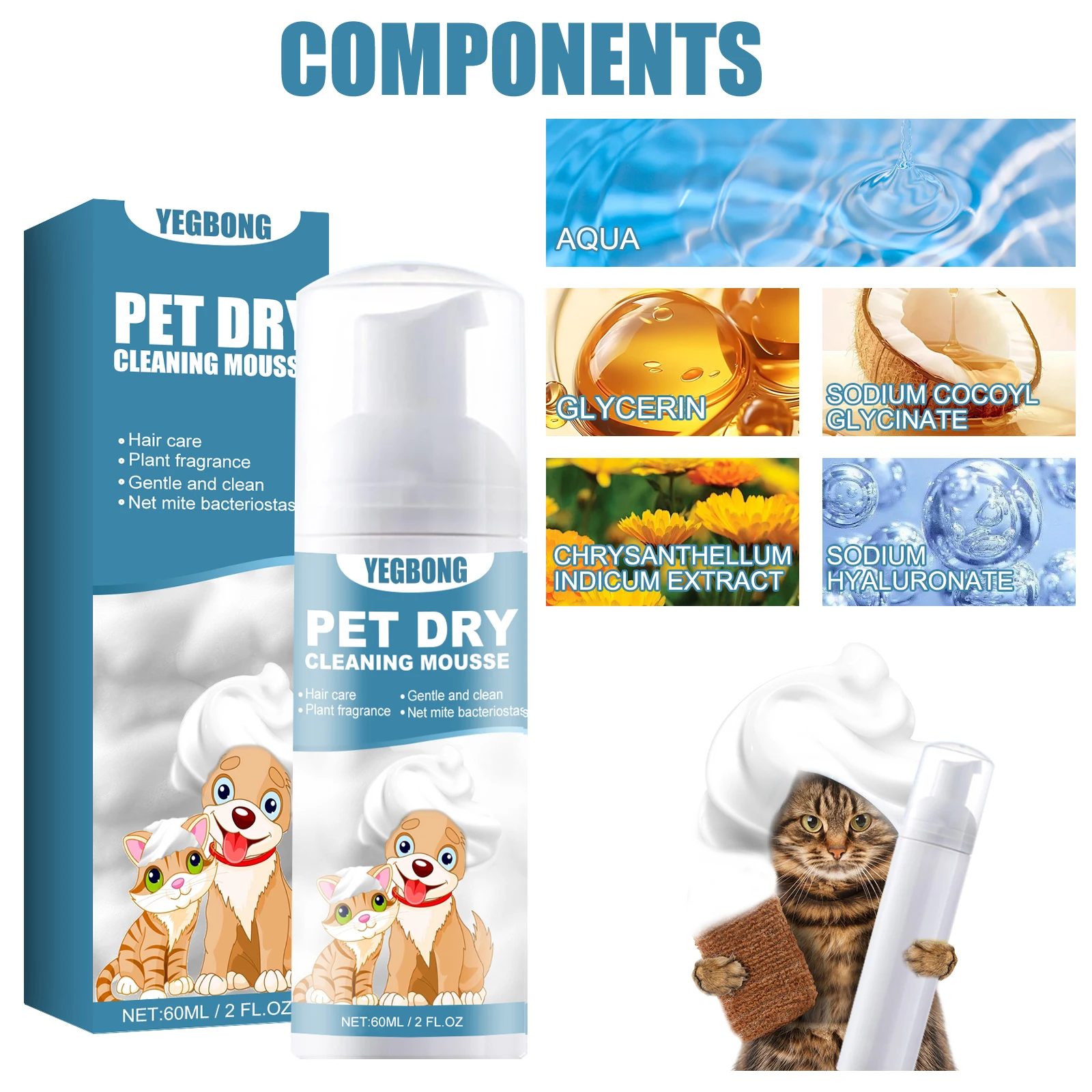 YEGBONG Pet Dry Shampoo Gentle Odor Neutralizing Hair Softening No Rinse Vet Recommended for Puppies Kittens Sensitive Skin