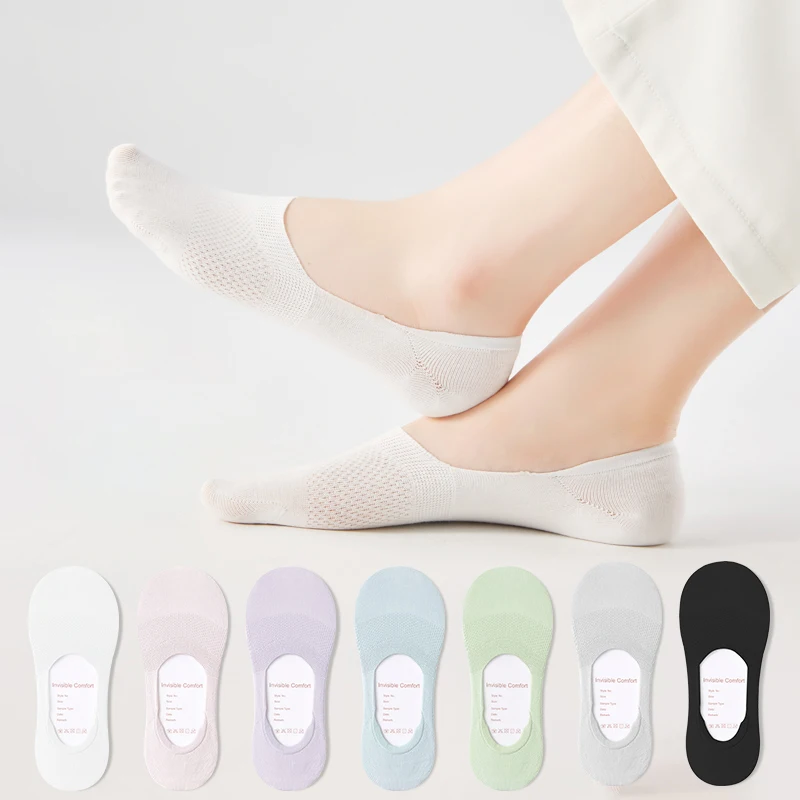 

5 Pairs Women Cotton Invisible Boat Socks Silicon Anti Slip Mesh Hollowed Out Breathable Socks Traceless Short Sox