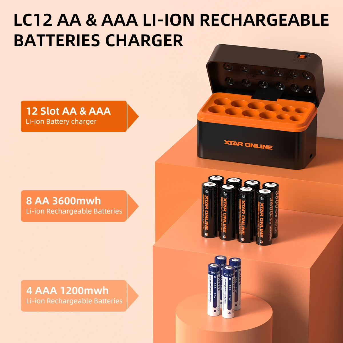 XTAR LC12 Kit with  8AA 3600mWh or 8AA 3600 mWh+4AAA 1200mWh 1.5V Li-ion 12-Slot Smart Charger Type-C Constant Voltage