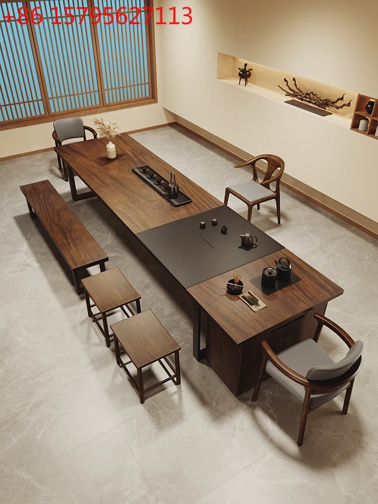 

Whole board gold silk walnut large long tea table with Wujinshi tea tray household living room coffee table office large board