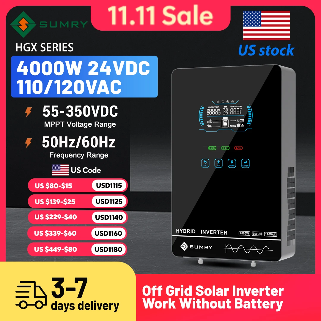 Sumry 4KW 120V Off Grid Solar Inverter 24V 140A 5600W MPPT Charger Pure Sine Wave Home Inverter 6.25 Inch LCD Display