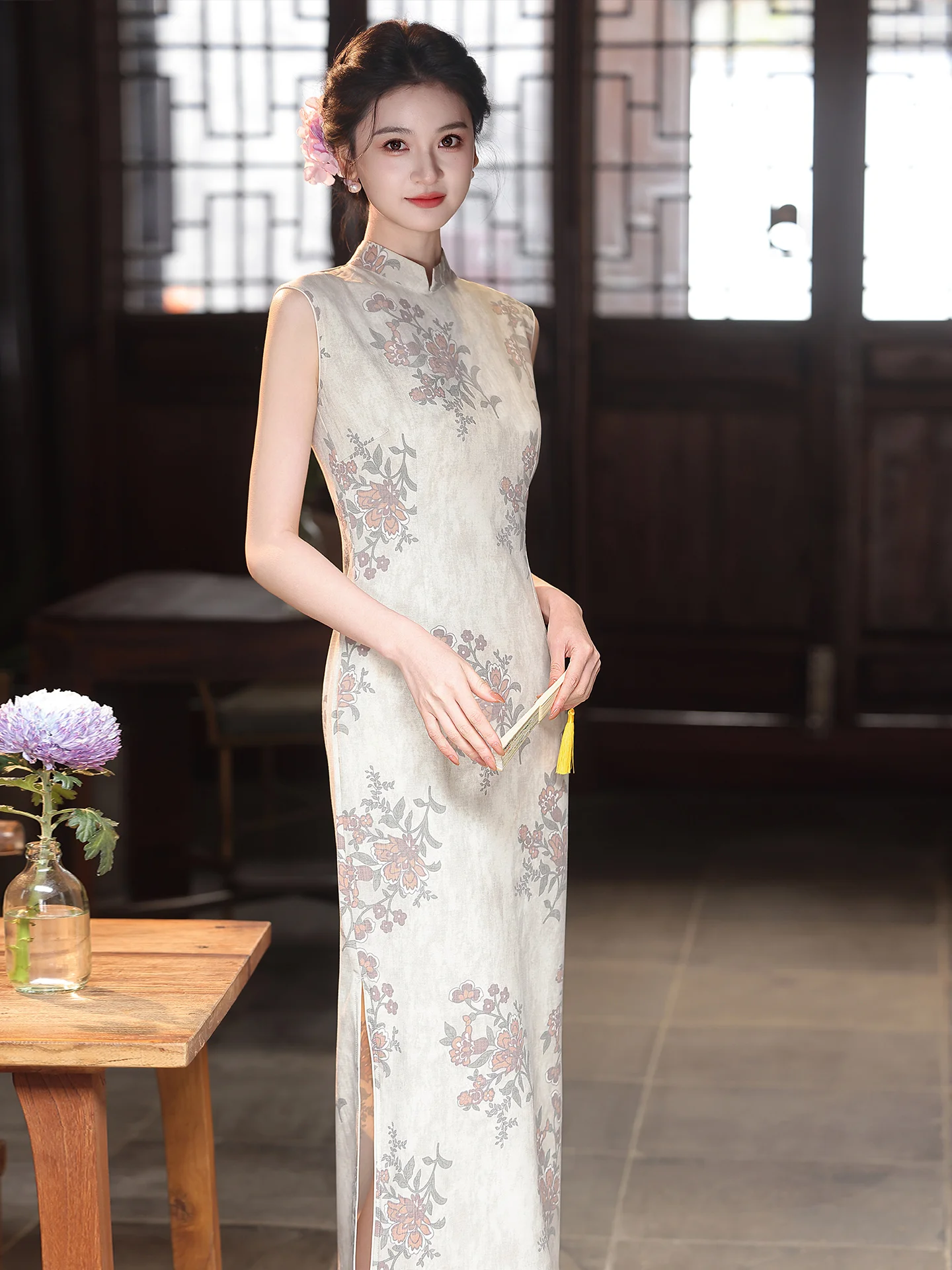 

Элегантное женское повседневное длинное платье-ципао с цветочным принтом в китайском стиле, стройнящее, в гонконгском стиле