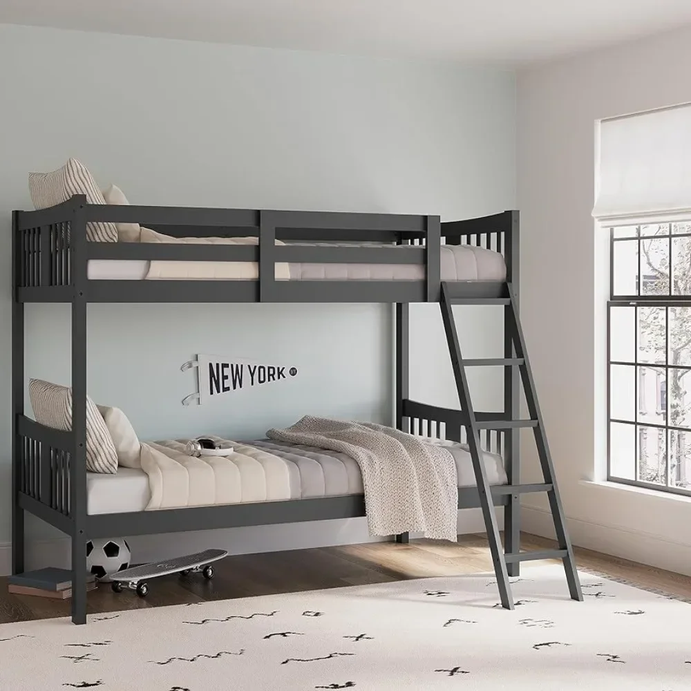 Twin-over-Twin Bunk Bed (Gray) Gold Certified, Converts to 2 individual twin beds