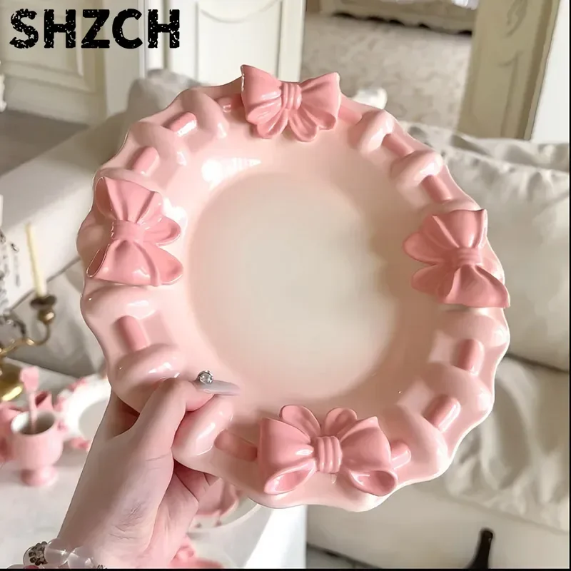 Luxury Bow Embossed Ceramic Serving Plate French Style Aesthetic Dessert Dish Kitchen Sculpted Dinnerware Elegant Gift for Women