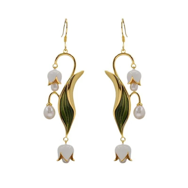 

Elegant Fresh 14K Gold Filled Lily Of The Valley Ear Hook Enamel May Bells Drop Dangle Threader Cuff Earrings Girlish Jewelry