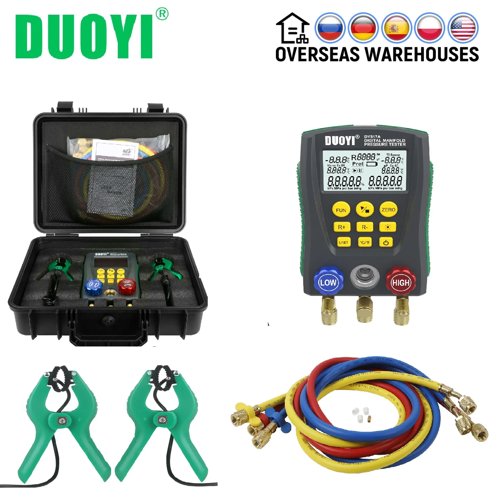 DY517A Refrigerat Digital Manifold Gauge Meter Refrigerant HVAC Vacuum Double Pressure Leak Temperature Tester Cold Storage