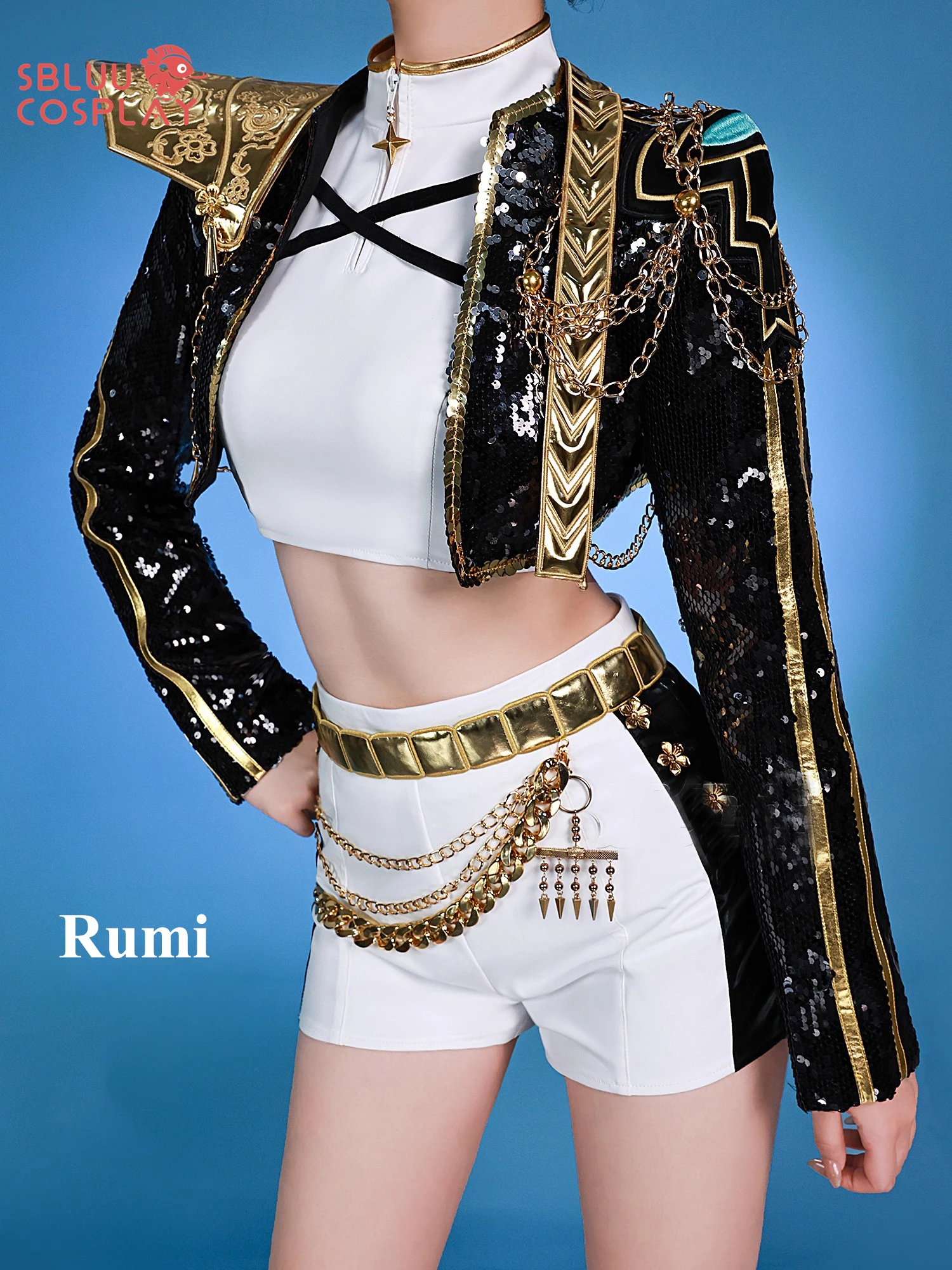 SBluuCosplay في المخزون Kpop Huntrix Zoey Mira Rumi تأثيري شيطان الصيادين تأثيري حلي شعر مستعار المرأة الأسود الذهبي البدلة هالوين