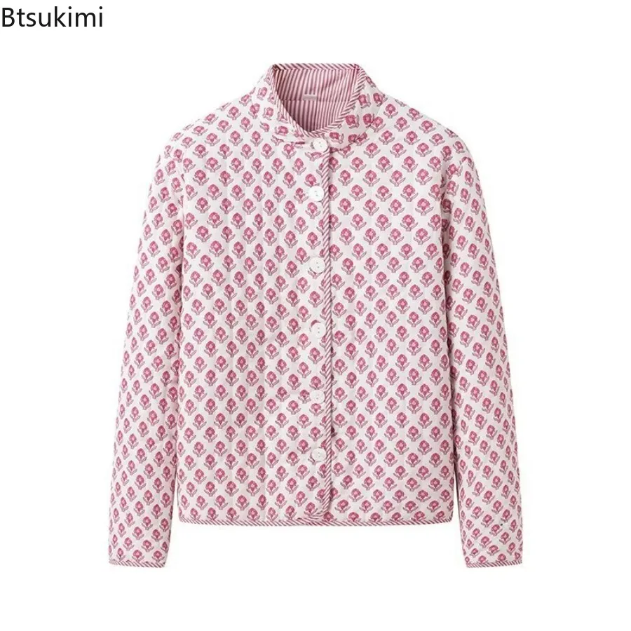 Winter Women's Quilted Jacket Double Sided Printed Mock Neck Long Sleeve Button Down Coat Fashion Casual Outerwear Y2K Clothes