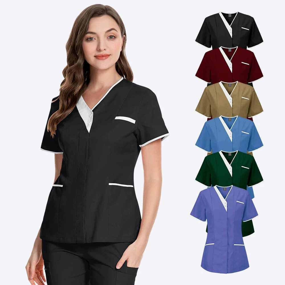 Camicia per chirurgia Scrub Uniforme medica Uniforme da infermiera Manica corta Colletto rialzato Abbigliamento da medico Camicetta per scrub medico tinta unita