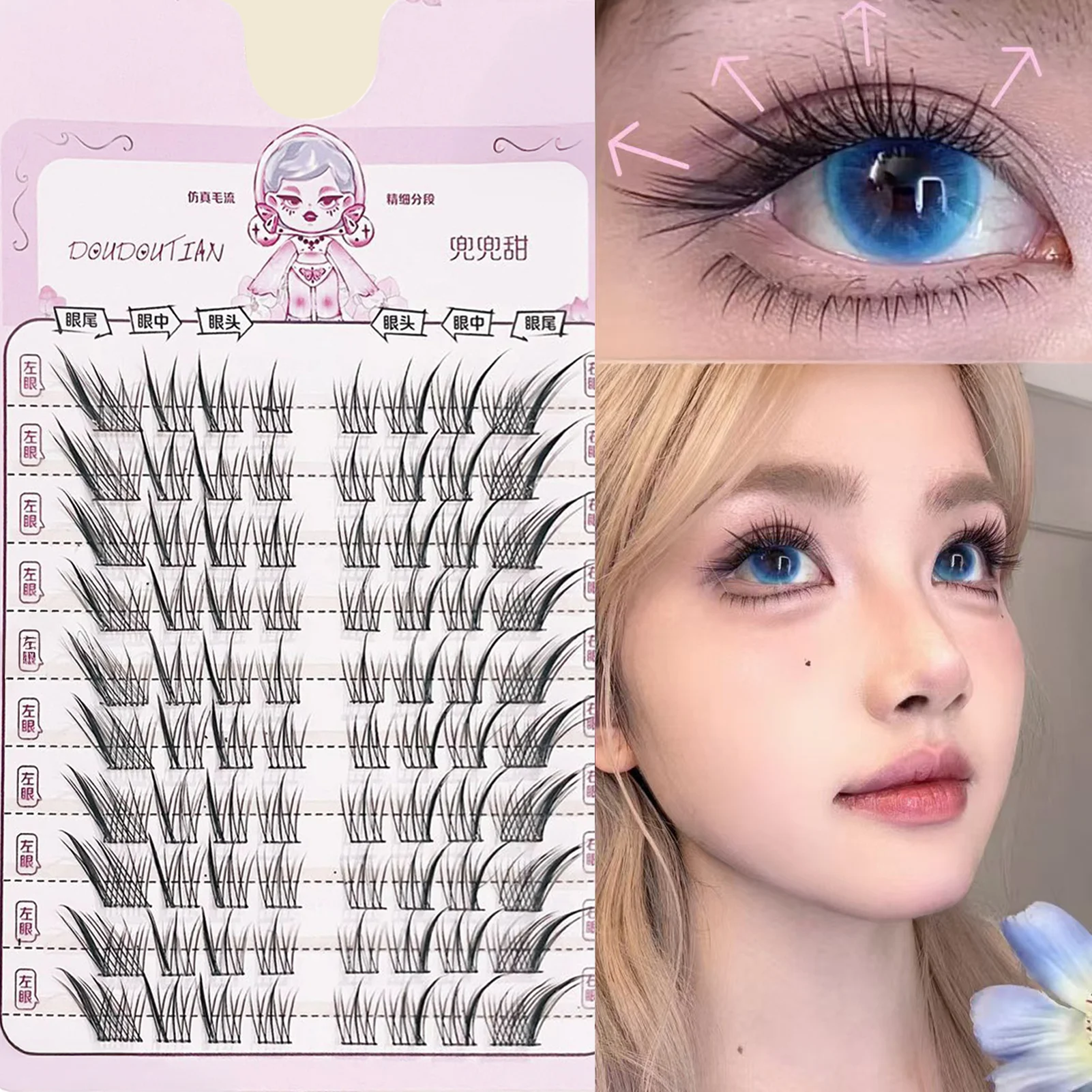 10-reihige Einzelwimpern-Cluster, segmentierte natürliche Wimpernverlängerung, Fuchsstil, fliegende falsche Wimpern, Make-up-Werkzeug