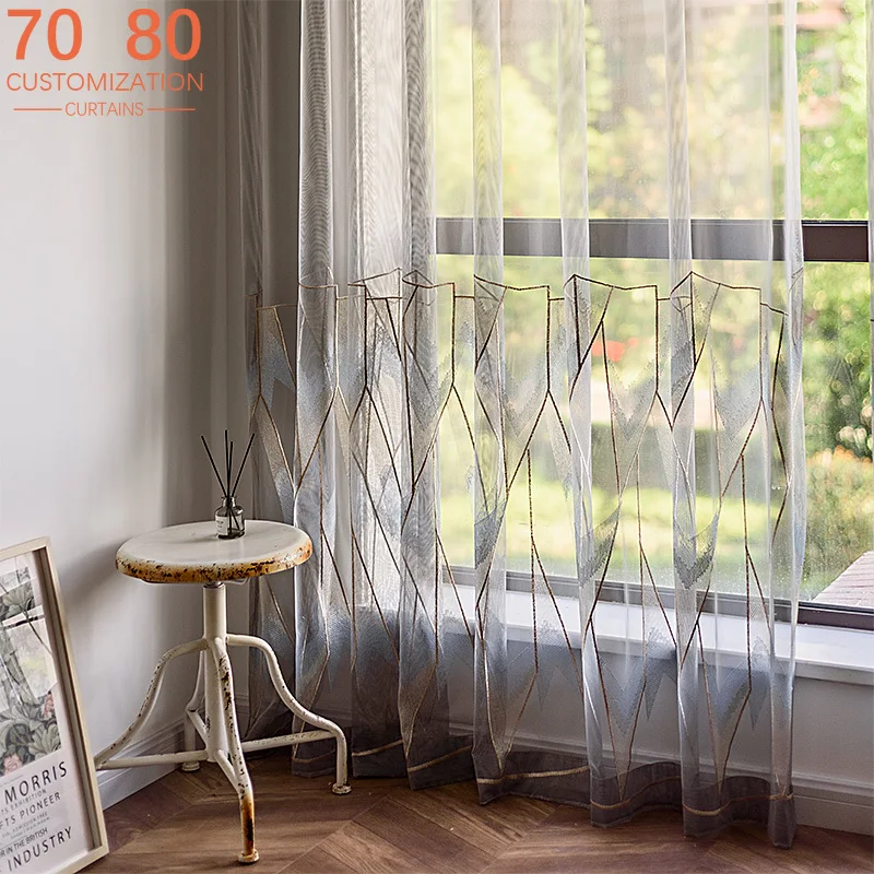 Geometric Grey White Triangle Embroidery Window Screen Curtains Living Room Bedroom Windows Tulle Partition Door Screen Shutter